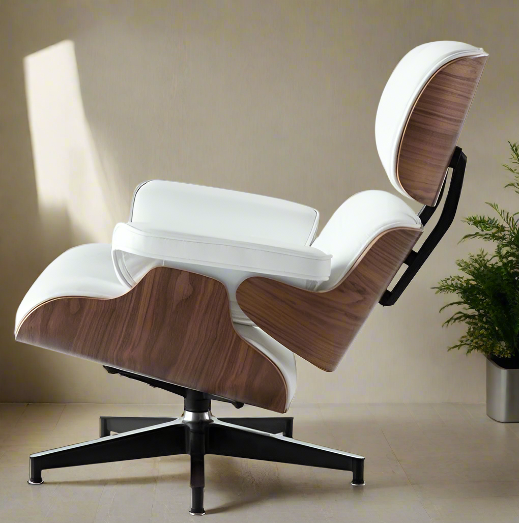 Charles Eames Style Lounge Chair with Ottoman | White Waxed Leather | Walnut Wood