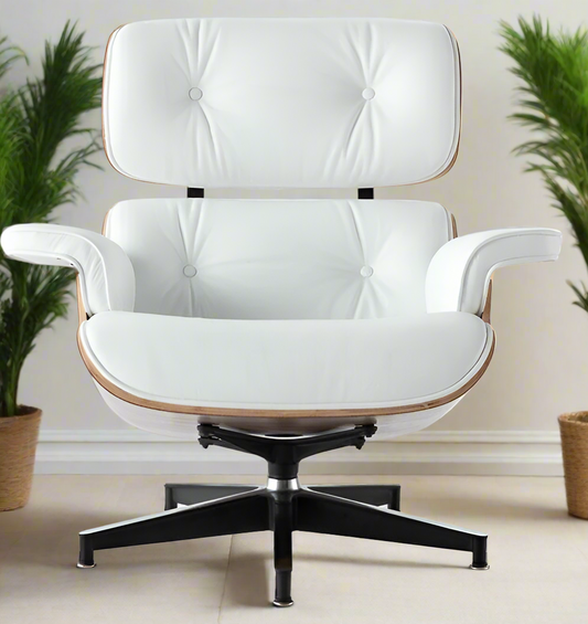 Charles Eames Style Lounge Chair with Ottoman | White Waxed Leather | Walnut  Wood