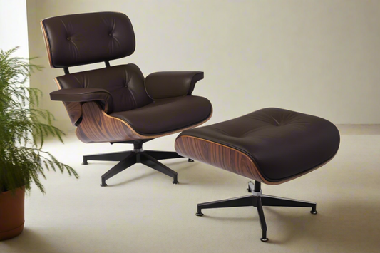 Charles Eames Style Lounge Chair with Ottoman | Brown Waxed Leather | Rose Wood