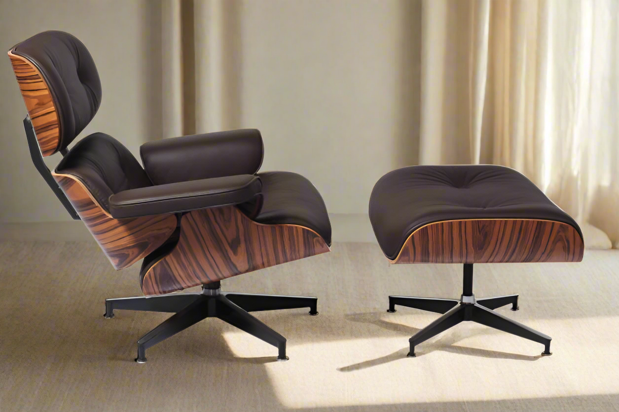 Charles Eames Style Lounge Chair with Ottoman | Brown Waxed Leather | Rose Wood