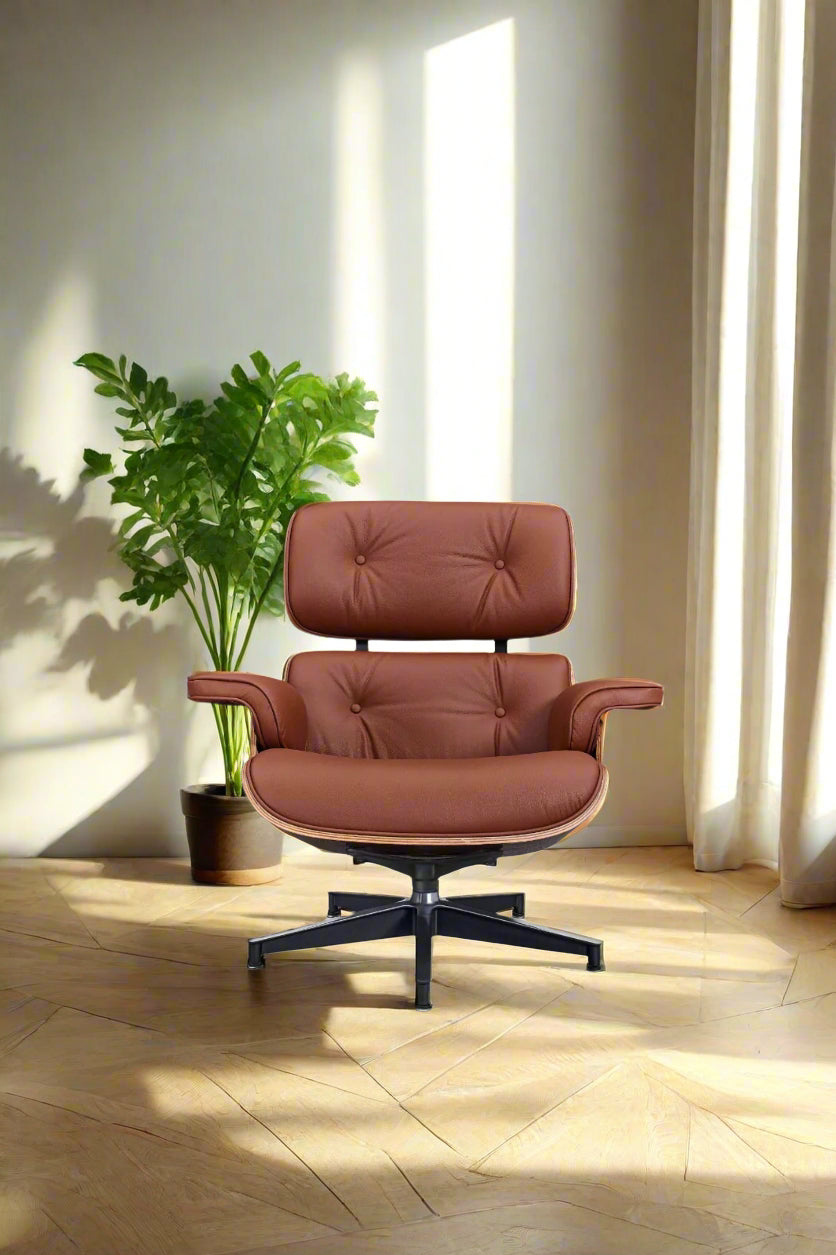 Charles Eames Style Lounge Chair with Ottoman | Tan Brown Waxed Leather | Rose Wood