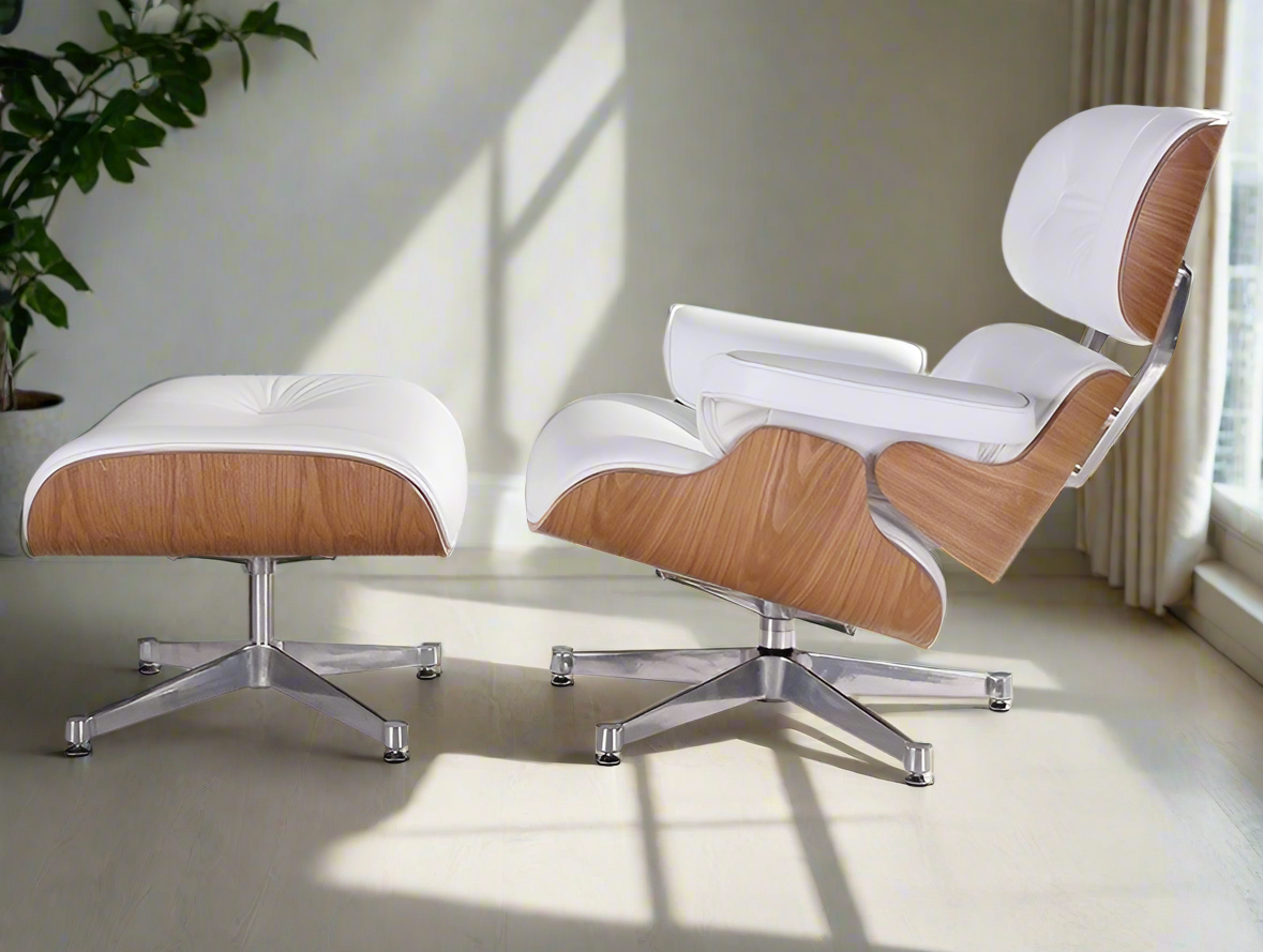 Charles Eames Style Lounge Chair with Ottoman |White Waxed Leather | Ash Wood