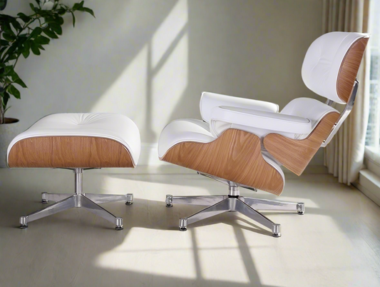 Charles Eames Style Lounge Chair with Ottoman |White Waxed Leather | Ash Wood