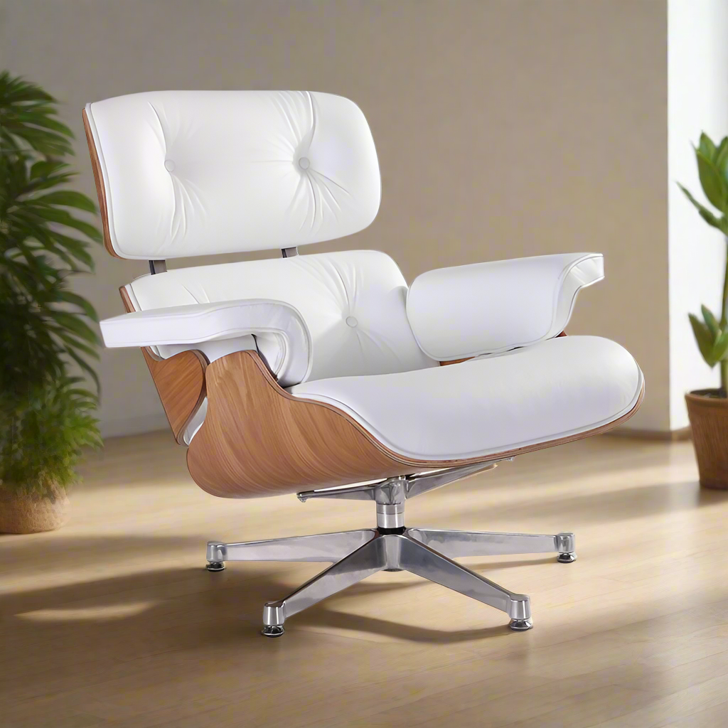 Charles Eames Style Lounge Chair with Ottoman |White Waxed Leather | Ash Wood