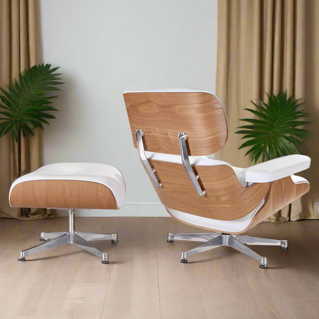 Charles Eames Style Lounge Chair with Ottoman |White Waxed Leather | Ash Wood