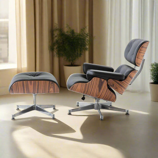 Charles Eames Style Lounge Chair with Ottoman | Black Waxed Leather | Rose Wood
