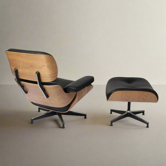 Charles Eames Style Lounge Chair with Ottoman |Black Waxed Leather | Ash Wood