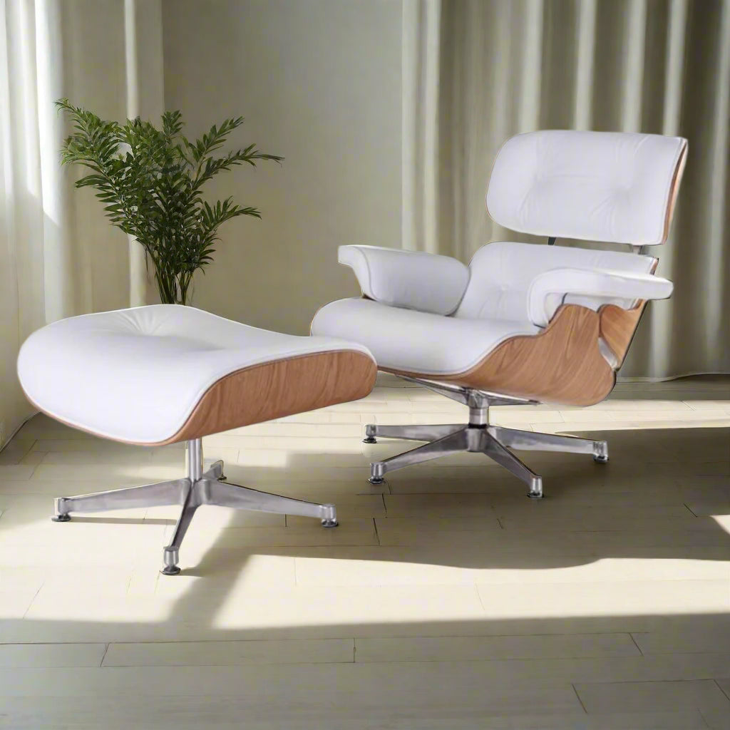 Charles Eames Style Lounge Chair with Ottoman |White Waxed Leather | Ash Wood
