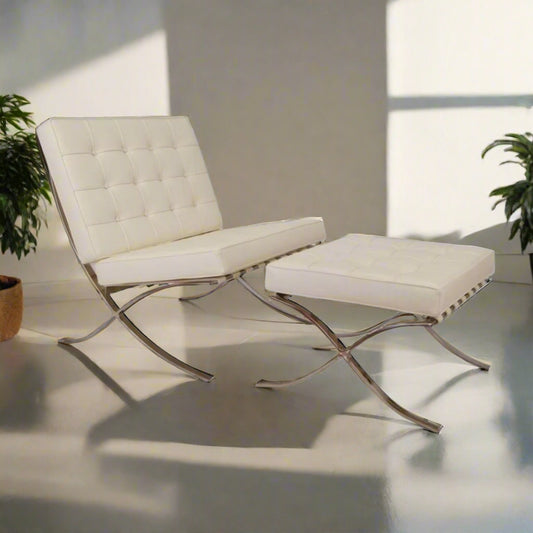 Mies Barcelona Pavilion Chair with Footrest | Cream | Off White