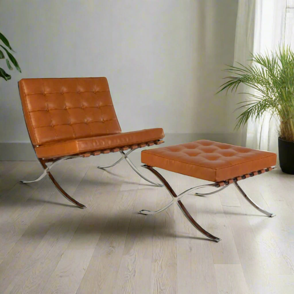 Mies Barcelona Pavilion Chair with Footrest | Tan Brown