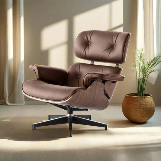 Charles Eames Style Lounge Chair with Ottoman | Brown Waxed Leather | Walnut  Wood
