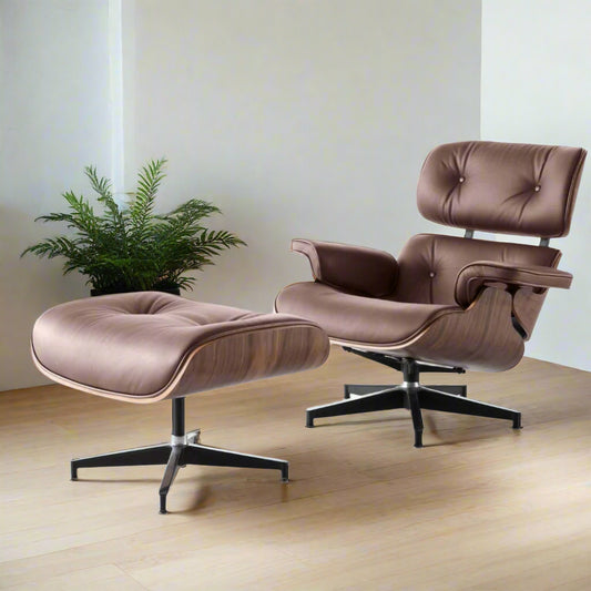 Charles Eames Style Lounge Chair with Ottoman | Brown Waxed Leather | Walnut  Wood
