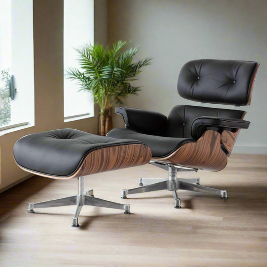 Charles Eames Style Lounge Chair with Ottoman | Black Waxed Leather | Rose Wood