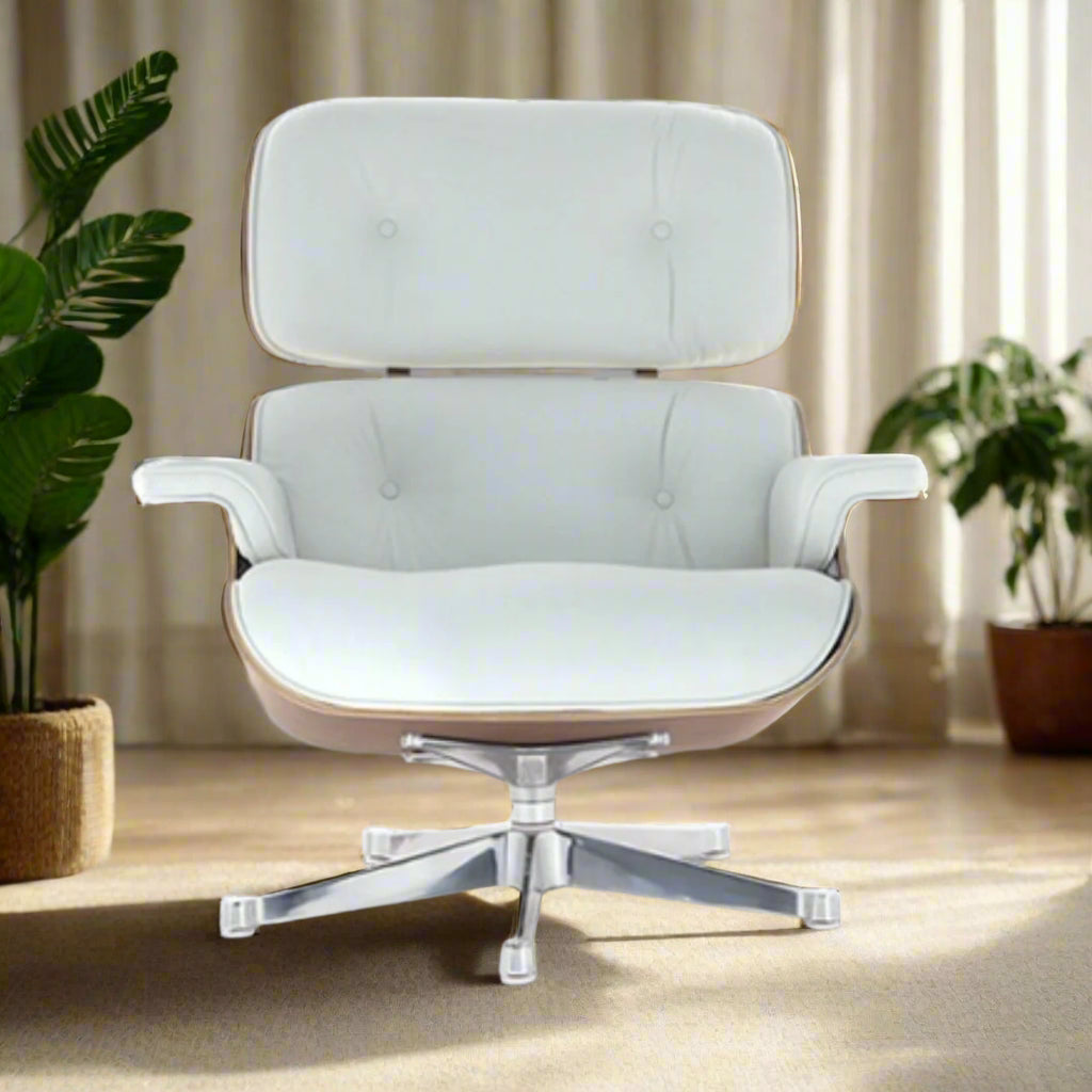 Charles Eames Style Lounge Chair with Ottoman | White Waxed Leather | Rose Wood