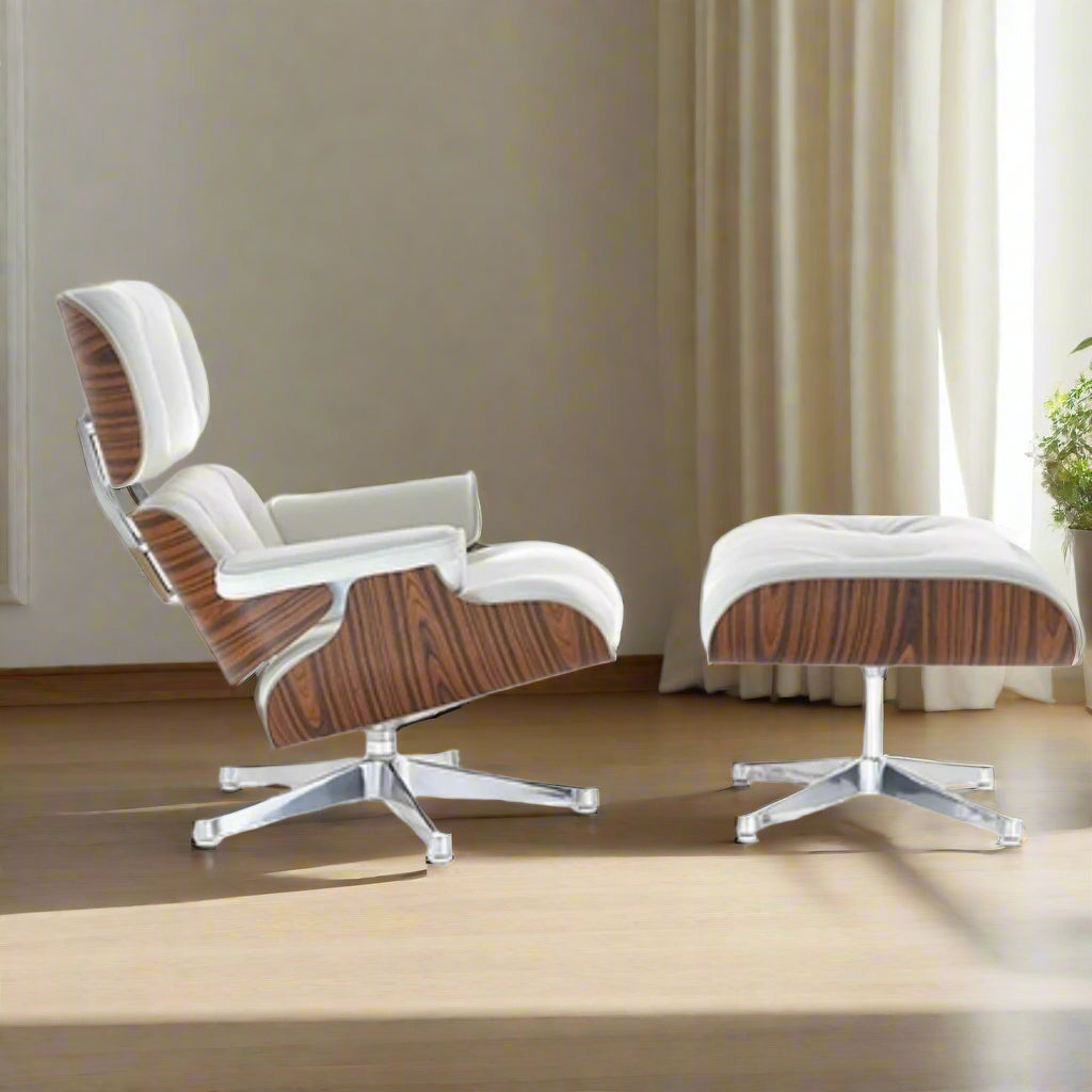 Charles Eames Style Lounge Chair with Ottoman | White Waxed Leather | Rose Wood