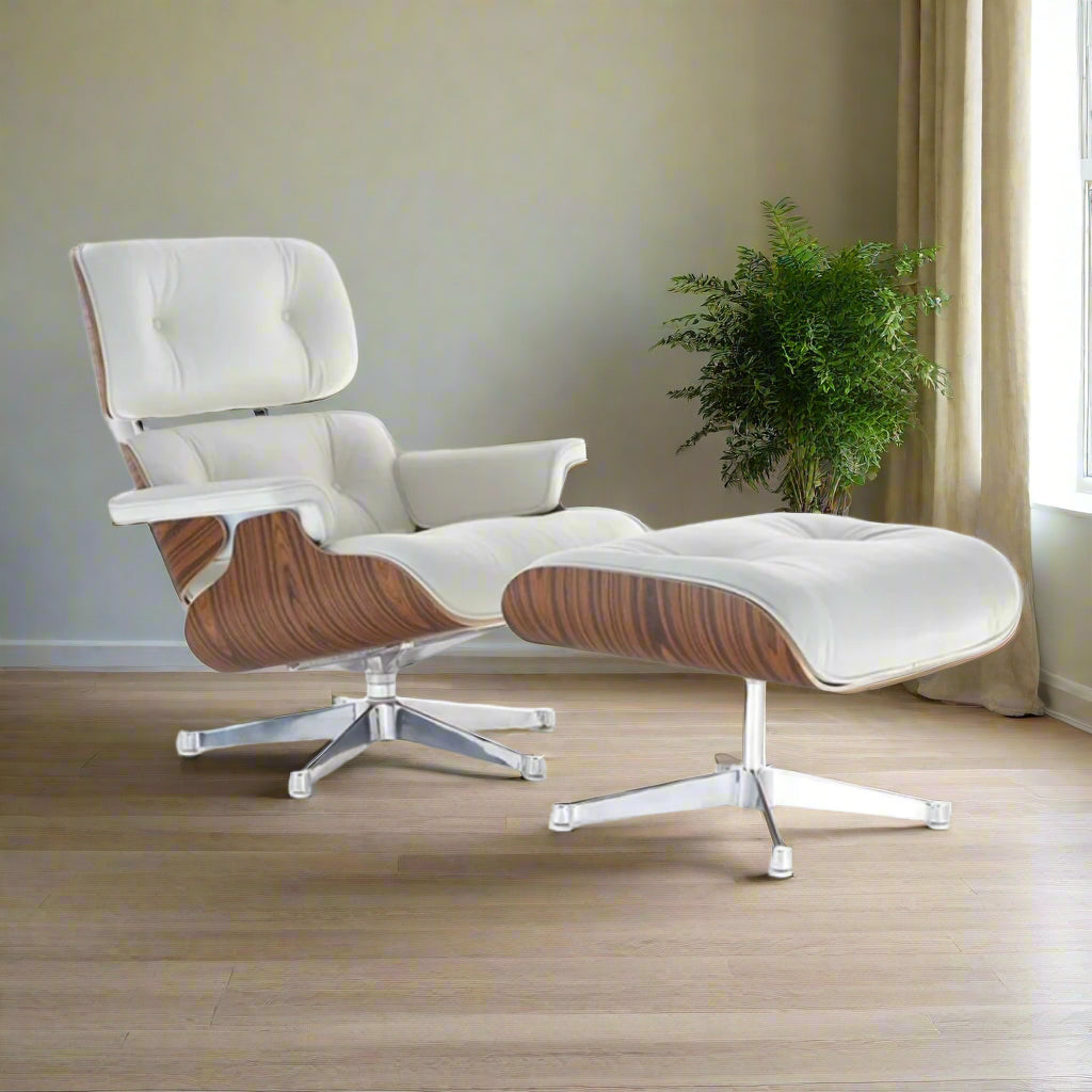Charles Eames Style Lounge Chair with Ottoman | White Waxed Leather | Rose Wood