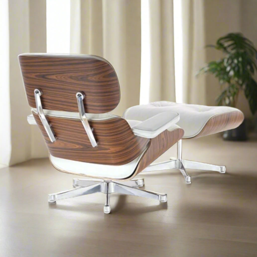 Charles Eames Style Lounge Chair with Ottoman | White Waxed Leather | Rose Wood