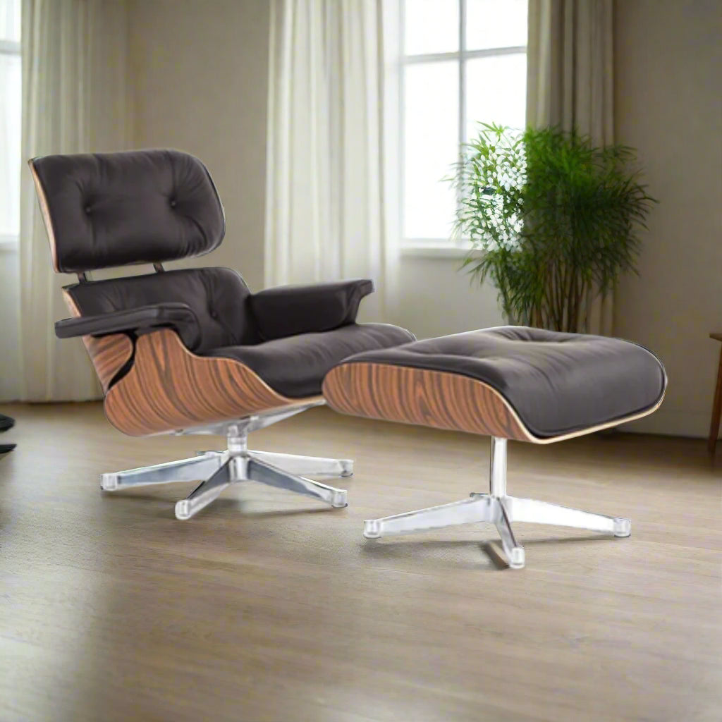Charles Eames Style Lounge Chair with Ottoman | Black Waxed Leather | Rose Wood