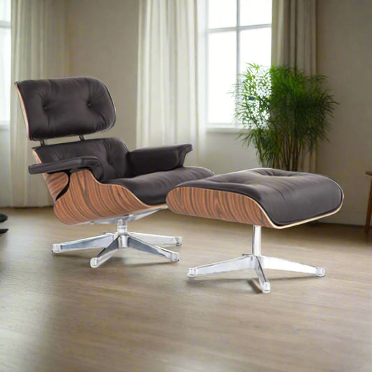 Charles Eames Style Lounge Chair with Ottoman | Black Waxed Leather | Rose Wood