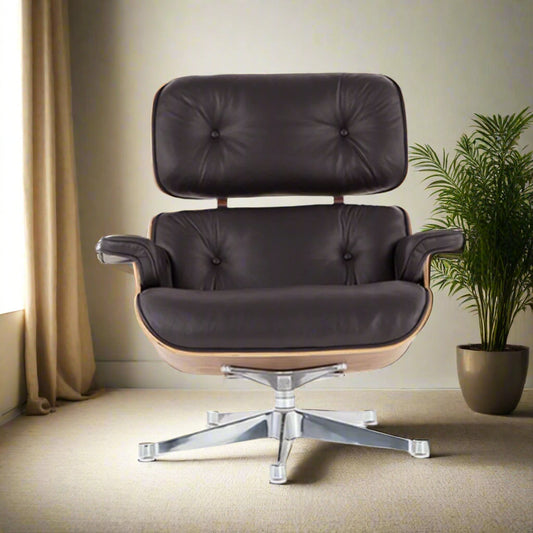 Charles Eames Style Lounge Chair with Ottoman | Black Waxed Leather | Rose Wood