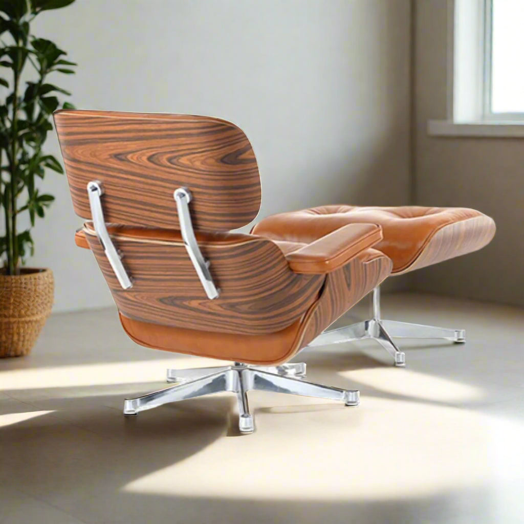 Charles Eames Style Lounge Chair with Ottoman | Camel Brown Waxed Leather | Walnut Wood