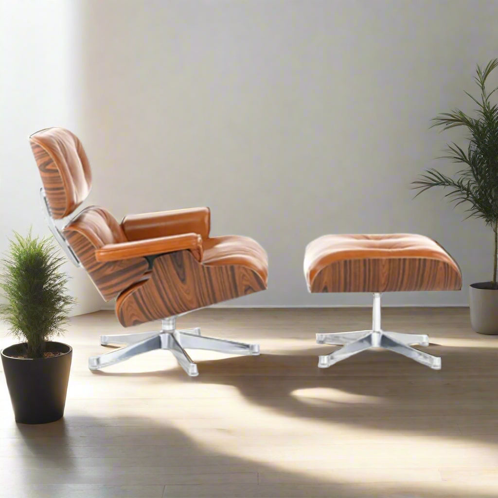 Charles Eames Style Lounge Chair with Ottoman | Camel Brown Waxed Leather | Walnut Wood
