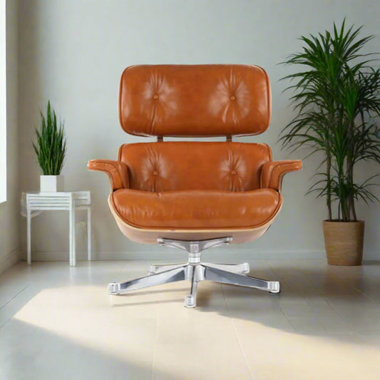 Charles Eames Style Lounge Chair with Ottoman | Camel Brown Waxed Leather | Walnut Wood