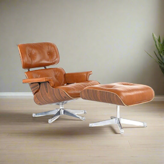 Charles Eames Style Lounge Chair with Ottoman | Camel Brown Waxed Leather | Walnut Wood