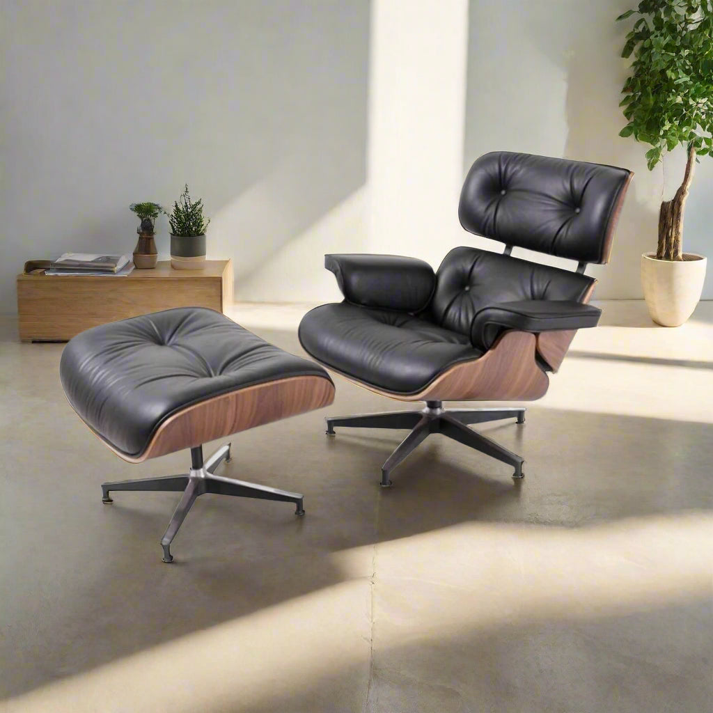 Charles Eames Style Lounge Chair with Ottoman | Black Waxed Leather | Walnut Wood
