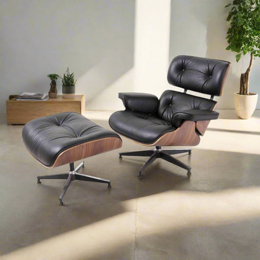 Charles Eames Style Lounge Chair with Ottoman | Black Waxed Leather | Walnut  Wood