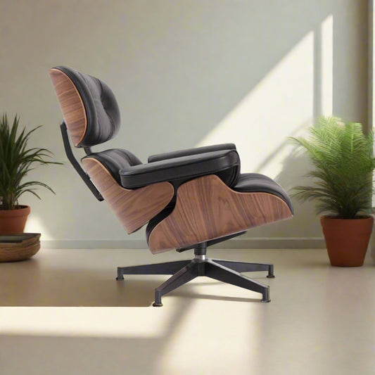 Charles Eames Style Lounge Chair with Ottoman | Black Waxed Leather | Walnut  Wood