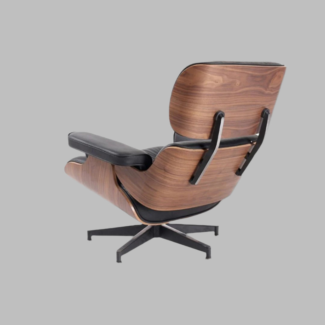 Charles Eames Style Lounge Chair with Ottoman | Black Waxed Leather | Walnut Wood