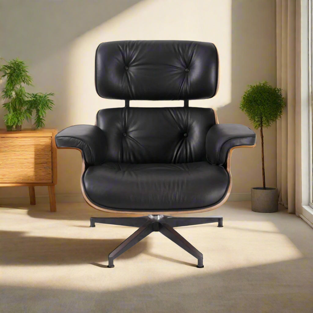 Charles Eames Style Lounge Chair with Ottoman | Black Waxed Leather | Walnut Wood