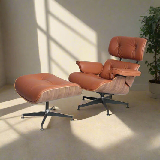 Charles Eames Style Lounge Chair with Ottoman |Tan Borwn Waxed Leather | Walnut  Wood