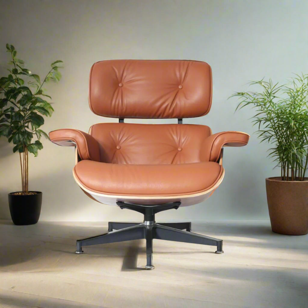 Charles Eames Style Lounge Chair with Ottoman |Tan Borwn Waxed Leather | Walnut Wood