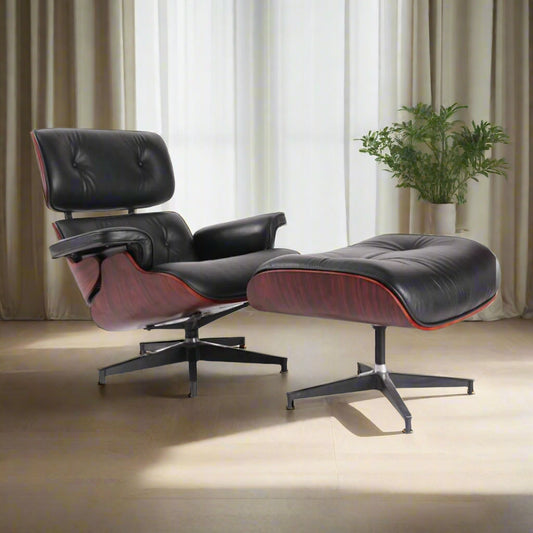 Charles Eames Style Lounge Chair with Ottoman | Black Waxed Leather | Dark Rose Wood