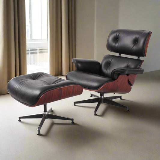Charles Eames Style Lounge Chair with Ottoman | Dark Rose Wood |Black