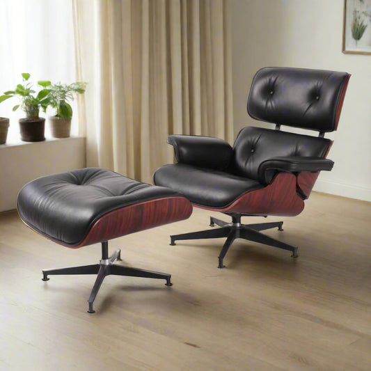Charles Eames Style Lounge Chair with Ottoman | Black Waxed Leather | Dark Rose Wood