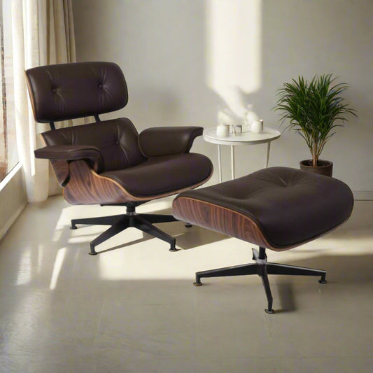 Charles Eames Style Lounge Chair with Ottoman | Brown Waxed Leather | Rose Wood