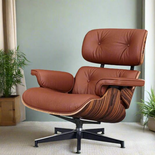 Charles Eames Style Lounge Chair with Ottoman | Tan Brown Waxed Leather | Rose Wood