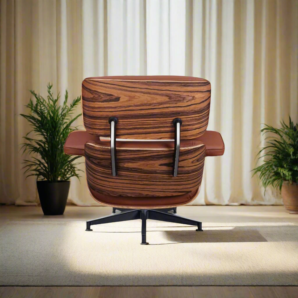 Charles Eames Style Lounge Chair with Ottoman | Tan Brown Waxed Leather | Rose Wood