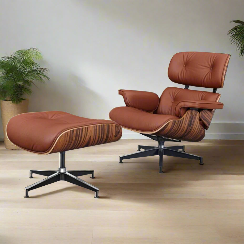 Charles Eames Style Lounge Chair with Ottoman | Tan Brown Waxed Leather | Rose Wood