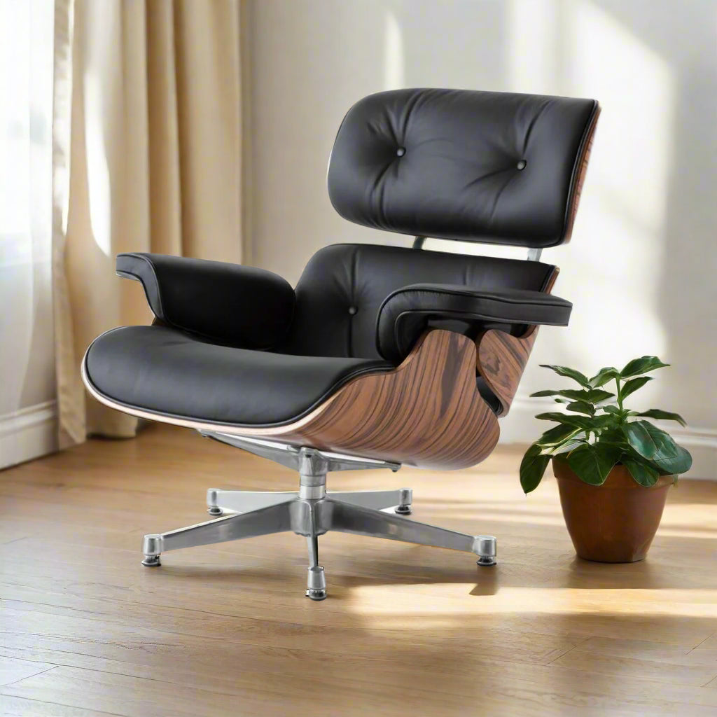 Charles Eames Style Lounge Chair with Ottoman | Black Waxed Leather | Rose Wood