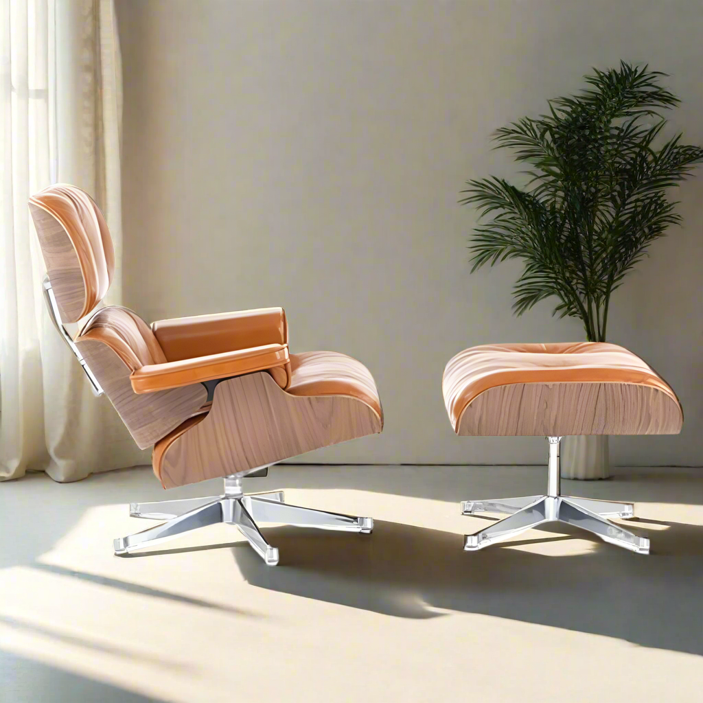 Charles Eames Style Lounge Chair with Ottoman | Caramel Brown Waxed Leather | Walnut Wood