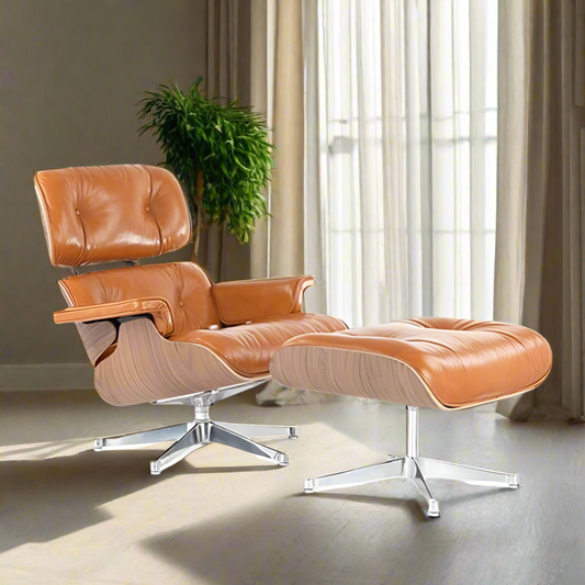 Charles Eames Style Lounge Chair with Ottoman | Caramel Brown Waxed Leather | Walnut  Wood