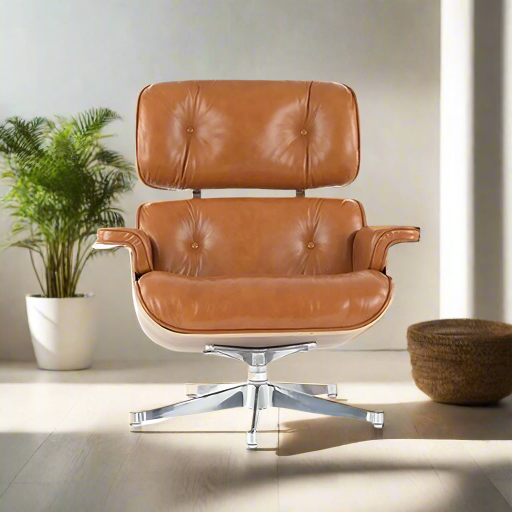 Charles Eames Style Lounge Chair with Ottoman | Caramel Brown Waxed Leather | Walnut Wood