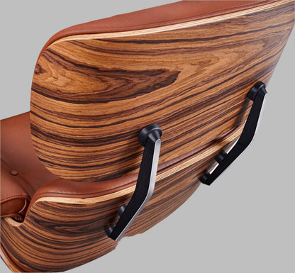 Charles Eames Style Lounge Chair with Ottoman | Tan Brown Waxed Leather | Rose Wood