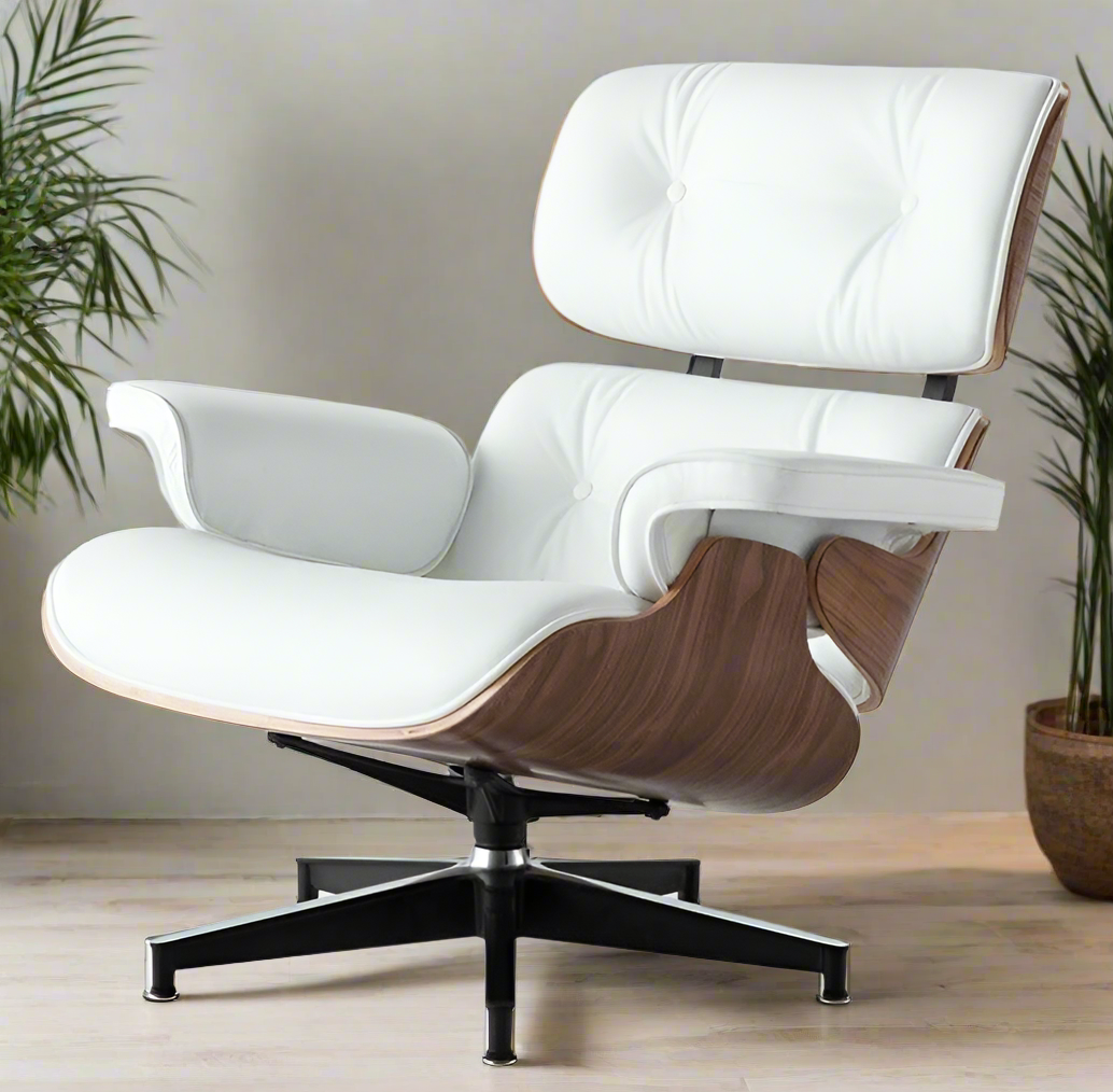 Charles Eames Style Lounge Chair with Ottoman | White Waxed Leather | Walnut  Wood