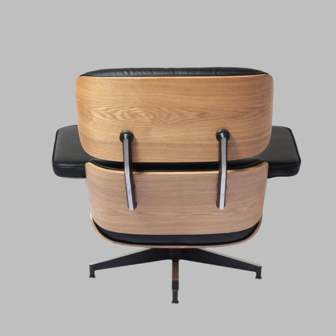 Charles Eames Style Lounge Chair with Ottoman |Black Waxed Leather | Ash Wood