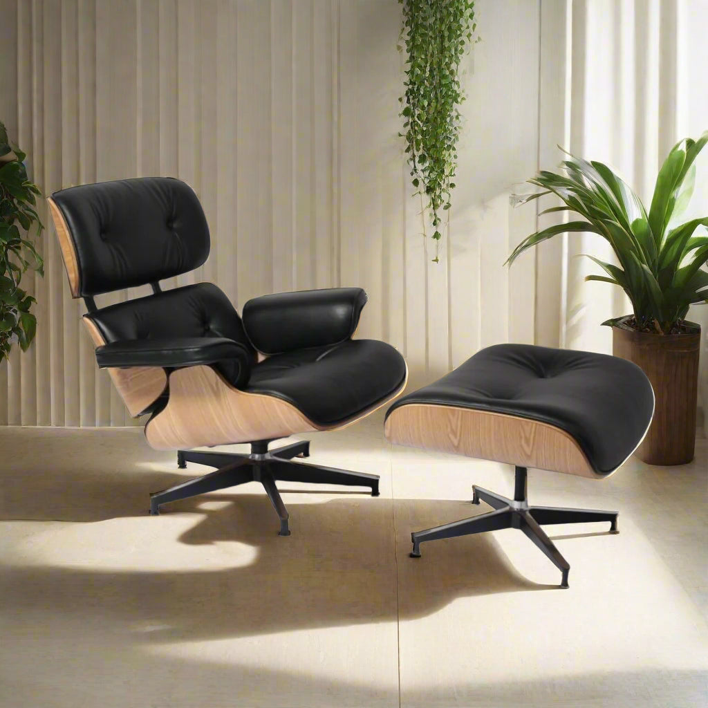 Charles Eames Style Lounge Chair with Ottoman |Black Waxed Leather | Ash Wood